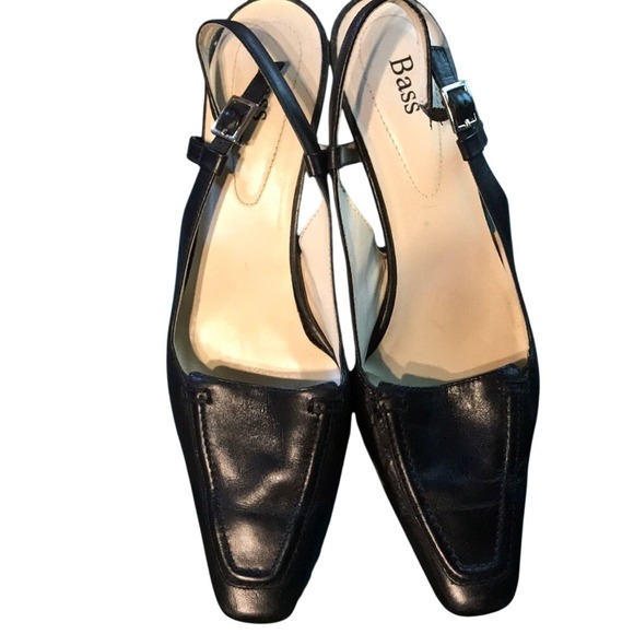 Bass Womens Black Leather Square Toe Slingback Kitten Heels Pumps - Picture 2 of 5